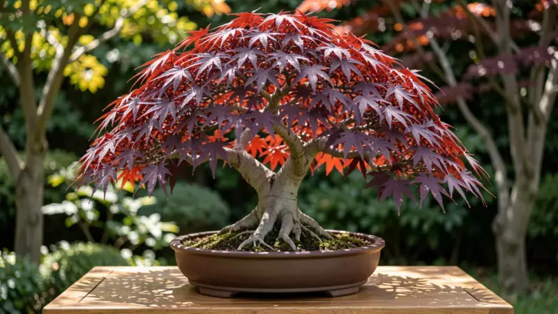 Acer palmatum Atropurpureum bonsai con follaje rojo-purpura en todas las ramas tronco retorcido arce japones rojo - acer palm