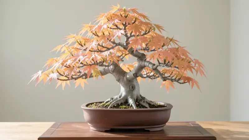 Acer palmatum Katsura bonsai con brotes primaverales salmon-naranja en ramas finamente ramificadas - acer palmatum katsura bo