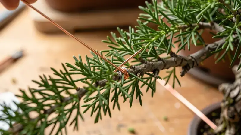 Alambre de cobre aplicado en espiral a 45 grados en rama de bonsai enebro - alambrado bonsai técnica