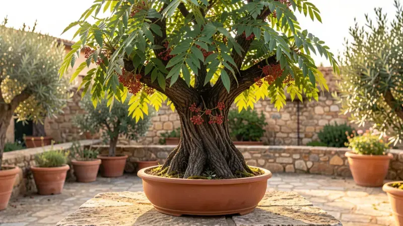 Algarrobo bonsai Ceratonia siliqua con flores brotando directamente del tronco y corteza muy fisurada - algarrobo bonsai