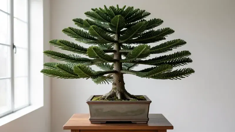 Araucaria heterophylla bonsai con ramas en verticilo perfectamente simetricas en maceta rectangular - araucaria bonsai