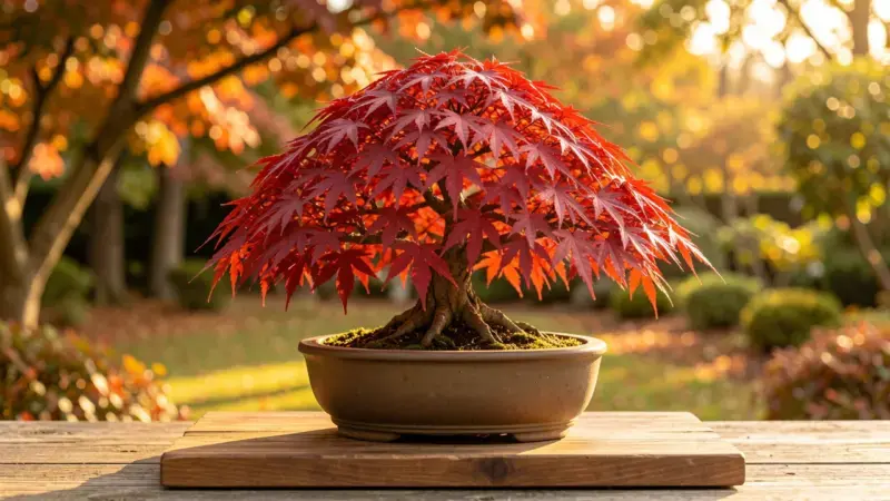 Acer palmatum deshojo bonsai con hojas rojo carmín en otoño sobre maceta ovalada cerámica - arce bonsai colores otoñales
