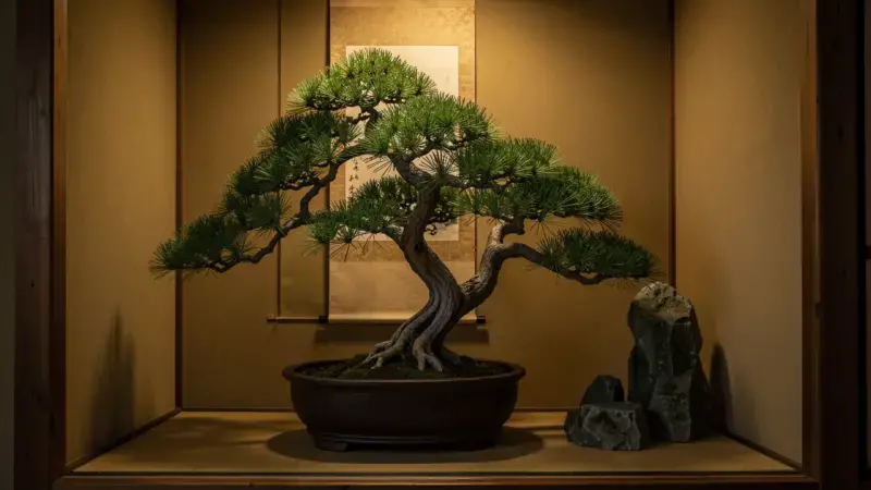Tokonoma japones con bonsai de pino maestro en maceta oval clasica y kakejiku de caligrafia en la pared