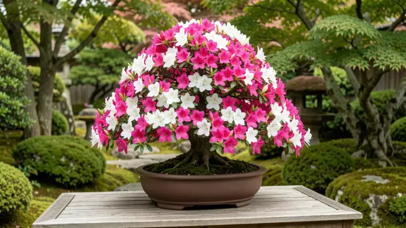 Bonsai de azalea satsuki en plena floración cubierto de flores rosas y blancas en maceta ovalada cerámica sobre banco de exhi