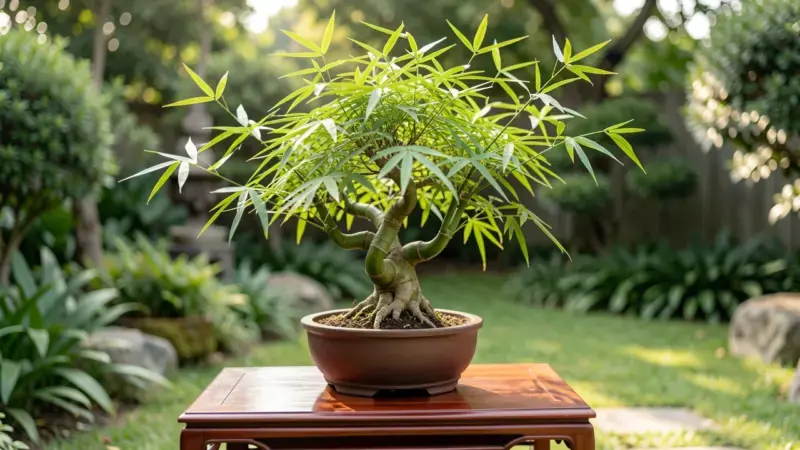 Bambusa ventricosa bonsai con entrenudos inflados caracteristicos sobre base de madera en jardin - bambu bonsai