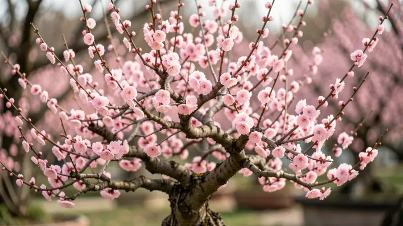 Bonsai cerezo Prunus en plena floracion con flores rosas delicadas cubriendo todas las ramas en primavera