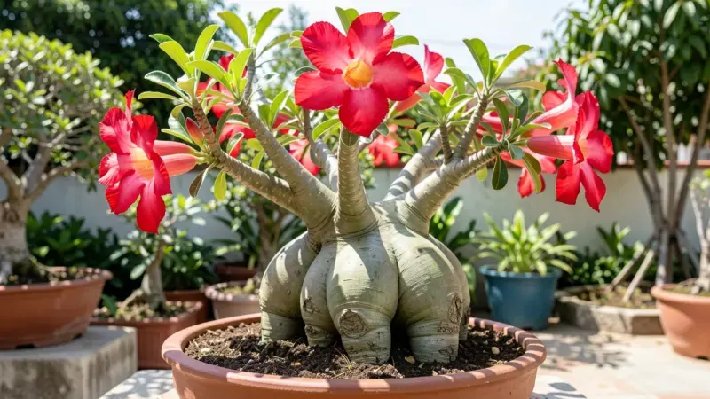 Rosa del desierto Adenium obesum bonsai con caudex abultado expuesto y flores rosas - rosa del desierto bonsai