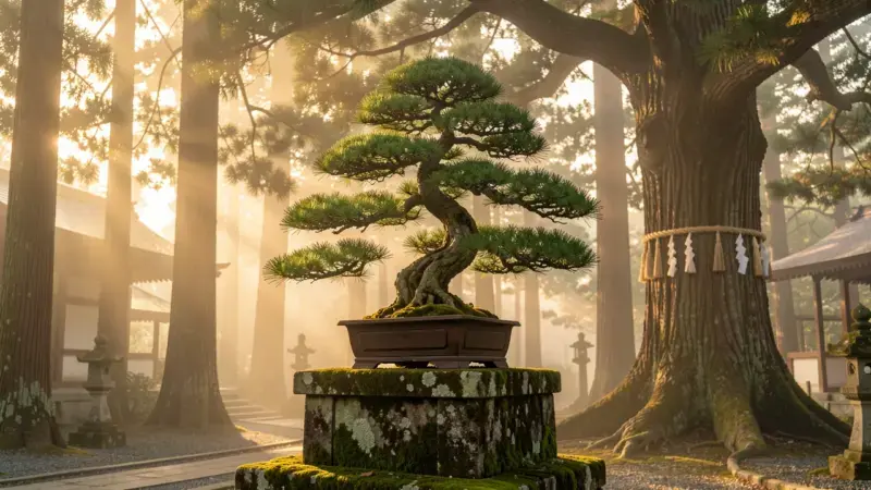 Bonsai de pino en piedra cubierta de musgo ante santuario sintoista japones con shimenawa en arbol viejo al fondo y luz dorad