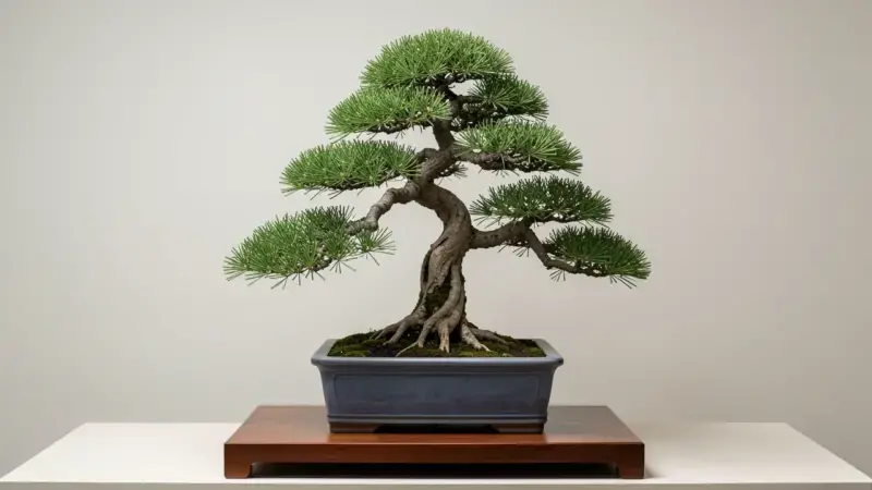 Bonsai moyogi estilo informal erecto en maceta ceramica rectangular azul con tres curvas de tronco y ramas asimetricas - bons