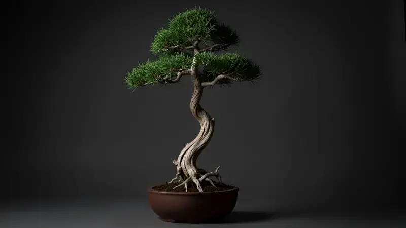 Bonsai junipero en estilo literati bunjin-gi con tronco sinuoso alto y follaje concentrado en el apice sobre maceta redonda