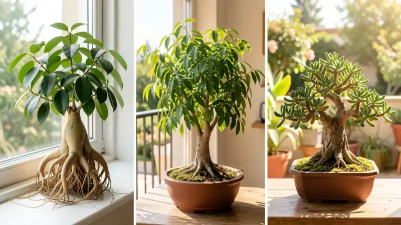 Tres bonsai faciles para principiantes: ficus ginseng en ventana, olmo chino en terraza y portulacaria afra en mesa