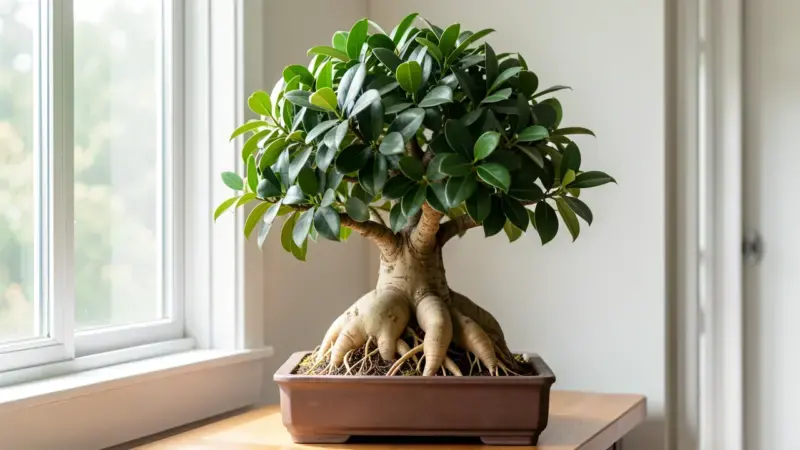 Ficus microcarpa ginseng bonsai con raíces abultadas características y hojas verdes brillantes junto a ventana luminosa inter