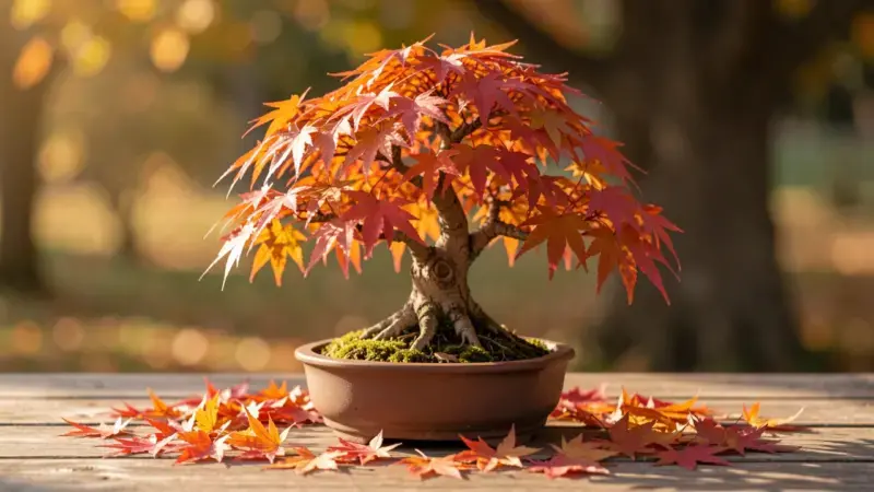 Bonsai arce japones Acer palmatum con hojas rojas de otono cayendo naturalmente alrededor de la maceta en luz otoñal suave