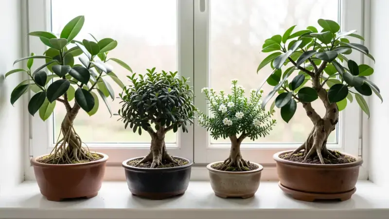 Cuatro especies de bonsai de interior en alfeizar con luz natural: ficus retusa, carmona, serissa y schefflera en macetas de