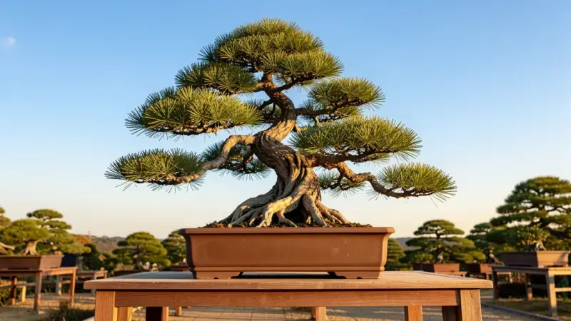 Bonsai de pino pinus sylvestris con tronco retorcido y silueta triangular en maceta cerámica rectangular sobre peana de exhib