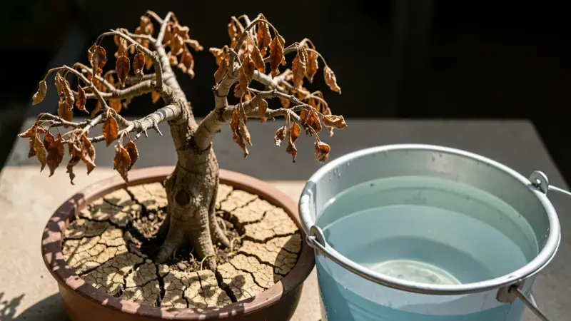 Bonsai seco con hojas quebradizas y sustrato completamente seco junto a cubo de agua para tecnica de inmersion de emergencia
