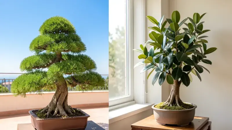 Dos bonsai en diferentes condiciones de luz: junipero al sol directo en terraza exterior y ficus retusa en ventana interior c