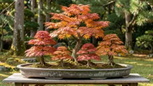 Bosque bonsai yose-ue con 7 arces japoneses diferentes alturas en suiban plano mostrando jerarquia ichiban niban y profundida