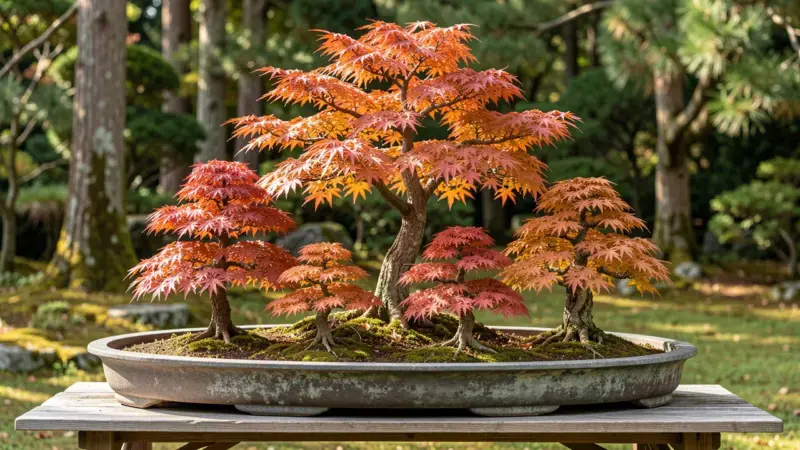 Bosque bonsai yose-ue con 7 arces japoneses diferentes alturas en suiban plano mostrando jerarquia ichiban niban y profundida