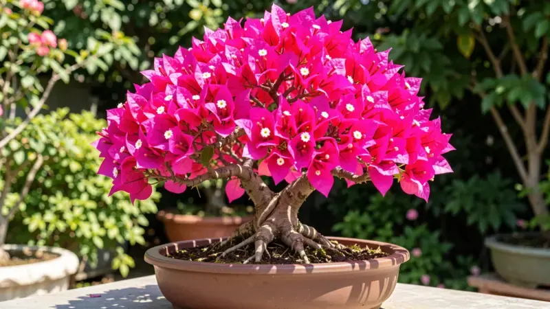 Buganvilla bonsai Bougainvillea con bracteas magenta intensas cubriendo toda la copa - buganvilla bonsai
