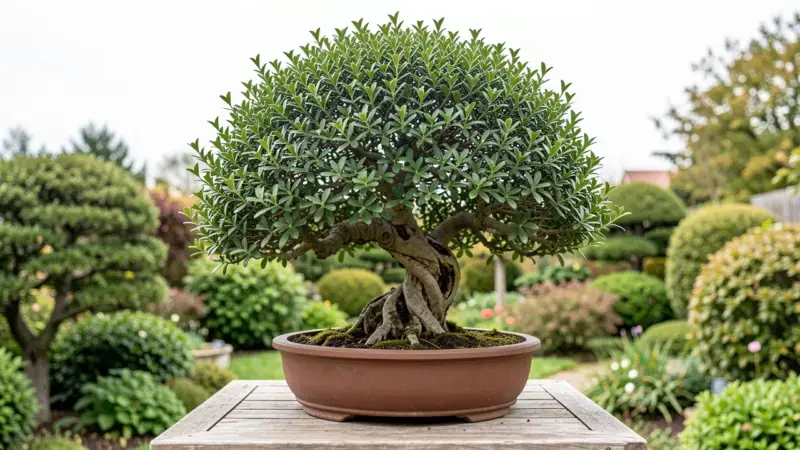 Buxus sempervirens bonsai con ramificacion densa y tronco con madera muerta natural al exterior - buxus bonsai boj