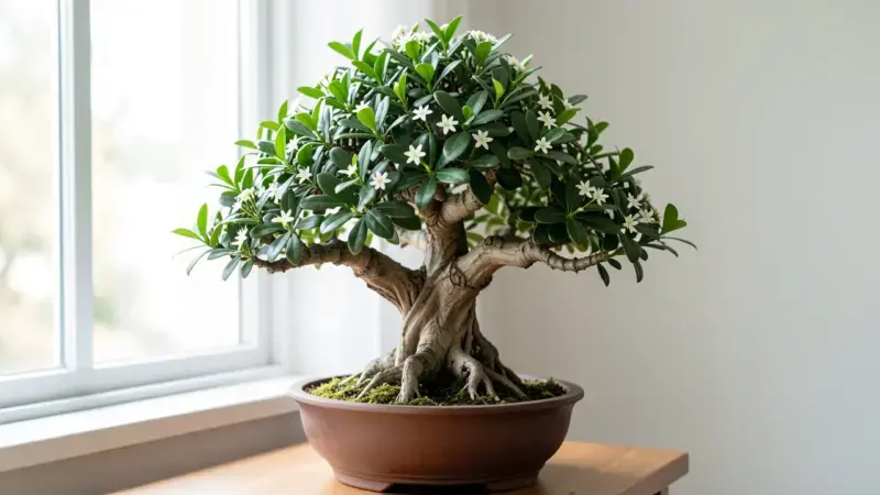 Carmona microphylla en maceta ceramica con flores blancas y hojas brillantes - carmona bonsai te de Fukien
