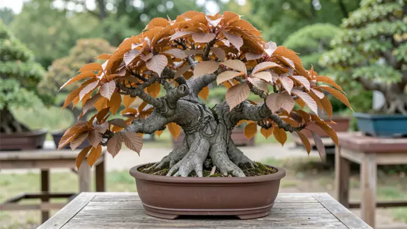 Bonsái de castaño con corteza rugosa y hojas dentadas - castaño bonsai Castanea sativa