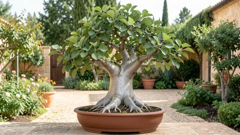 Celtis australis almez bonsai corteza lisa gris piel de elefante tronco plateado bayas negras hojas verdes - celtis australis