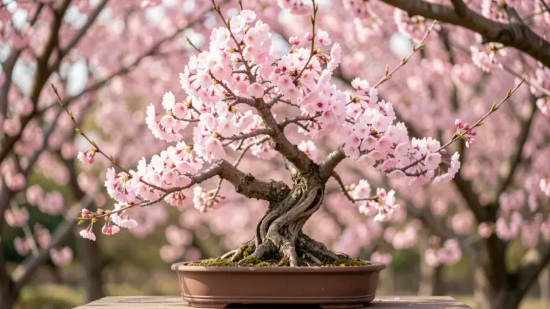 Cerezo japones bonsai Prunus serrulata con flores de sakura rosas en maceta ceramica - cerezo bonsai floracion