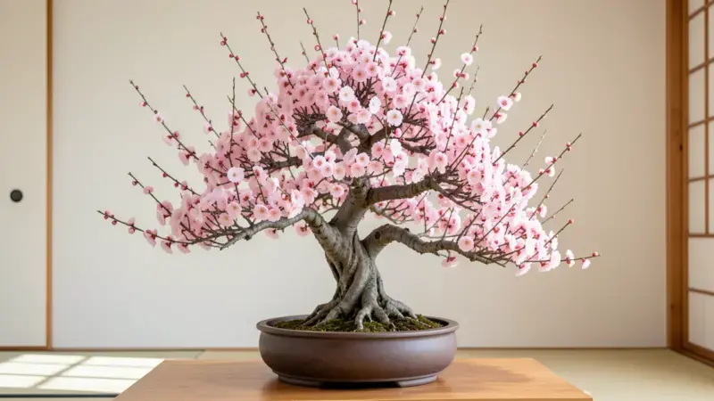 Cerezo japones bonsai Prunus incisa en plena floracion primaveral con cientos de flores rosa-blancas cubriendo ramas desnudas