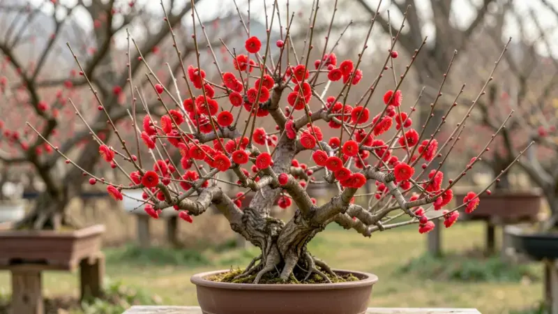 Chaenomeles bonsai chojubai con flores rojo intenso cubriendo ramas desnudas antes de las hojas en primavera temprana - chaen