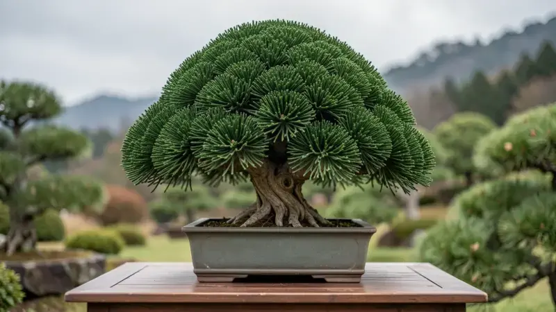 Chamaecyparis obtusa Hinoki bonsai Nana Gracilis con frondas en abanico verde oscuro densas y tronco envejecido - chamaecypar