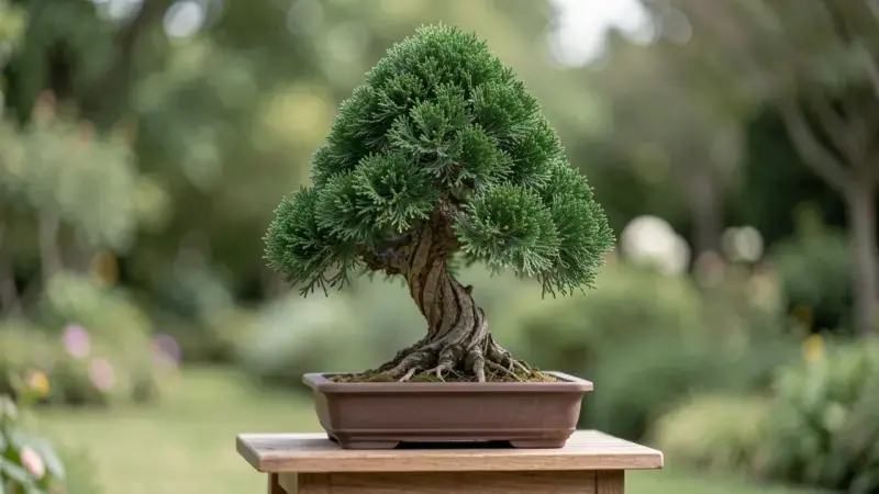 Bonsai de cipres mediterraneo con follaje denso verde oscuro y tronco envejecido - cipres bonsai cuidados