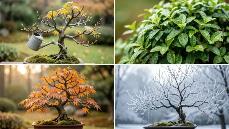 Riego bonsai por estaciones primavera verano otono invierno cuatro escenas diferentes frecuencias de riego - riego bonsai est