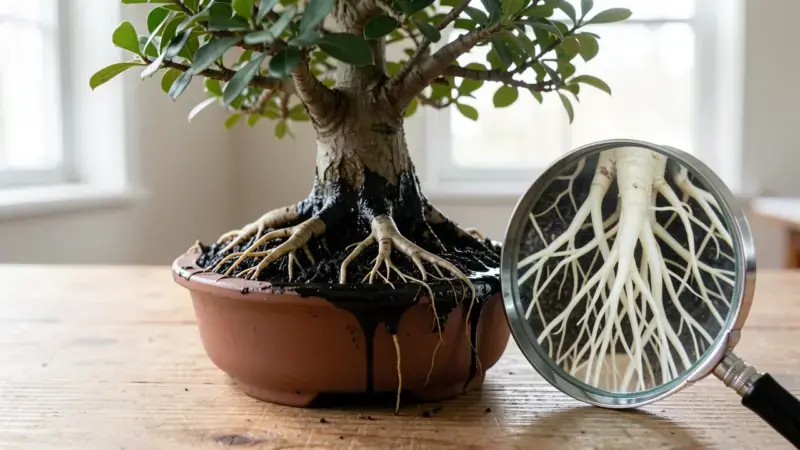 Bonsai con sustrato saturado de agua mostrando raices oscuras podridas comparadas con raices sanas blancas - sobre riego bons
