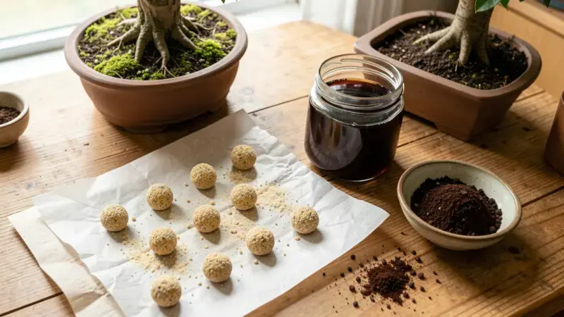 Preparacion bigobal casero bonsai bolitas organicas de harina de colza secandose junto a te de vermicompost oscuro y pozos de