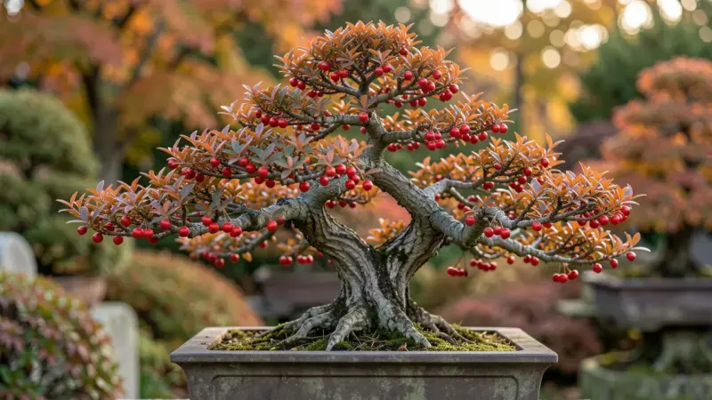 Cotoneaster horizontalis bonsai con patron de ramas en espiga herringbone y bayas rojas en follaje otonal - cotoneaster bonsa