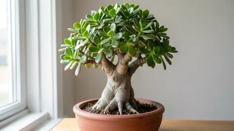 Crassula ovata arbol de jade bonsai con tronco grueso envejecido y hojas brillantes - crassula ovata bonsai