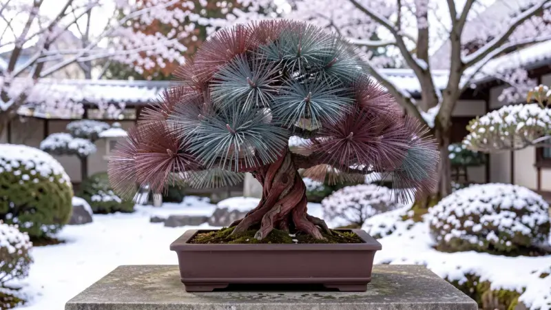 Cryptomeria japonica Elegans bonsai sugi con follaje plumoso en color bronce-rojizo de invierno y corteza fibrosa rojiza - cr