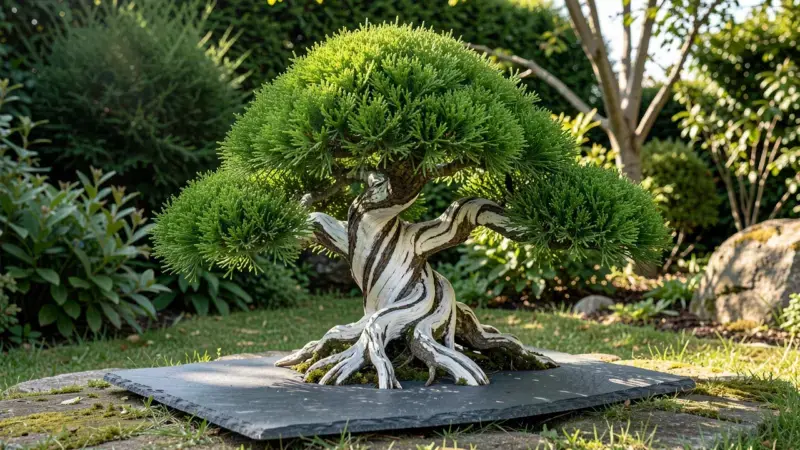 Bonsai enebro juniperus chinensis con shari blanco en tronco retorcido y follaje compacto verde sobre pizarra - enebro bonsai