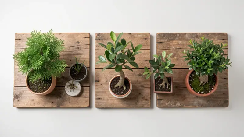 Cinco bonsais de especies para principiantes en macetas ceramicas pequenas sobre tabla de madera envejecida: junipero ficus o