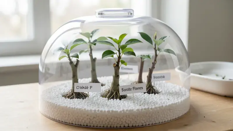 Esquejes de bonsai semi-lenosos enraizando en perlita blanca dentro de propagadora de plastico transparente - esquejes bonsai