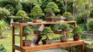 Estanteria de madera de tres niveles con bonsais en jardin - estanterias para bonsai