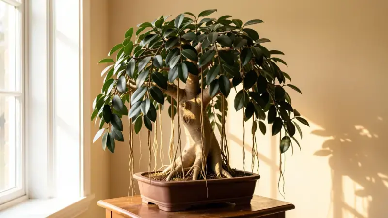 Ficus benjamina bonsai con ramas pendulas hojas brillantes y raices aereas descendientes creando efecto banyan - ficus benjam