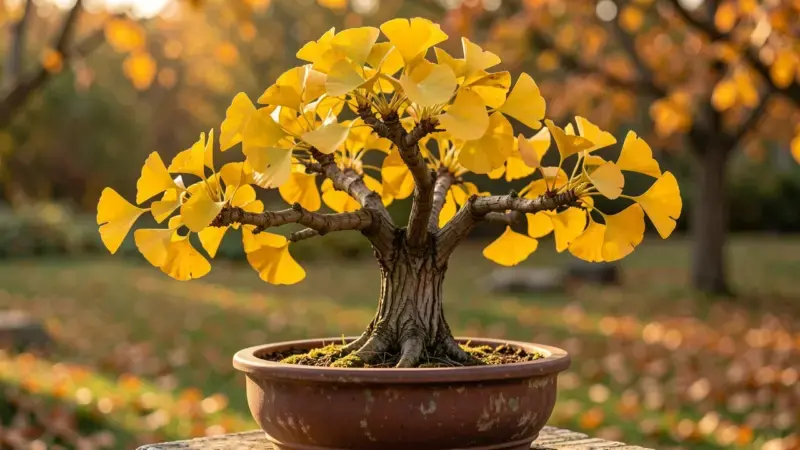 Ginkgo biloba bonsai con hojas en abanico amarillo dorado en otono en maceta ceramica - ginkgo bonsai