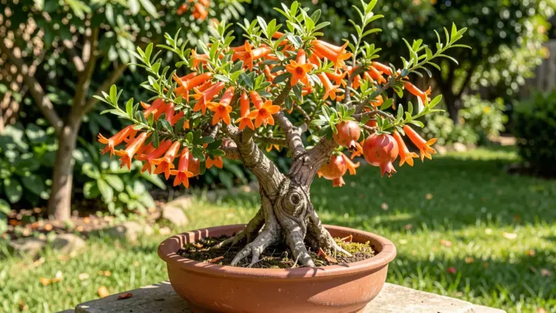 Granado bonsai Punica granatum enano con flores anaranjadas y granadas miniatura en maceta - granado bonsai