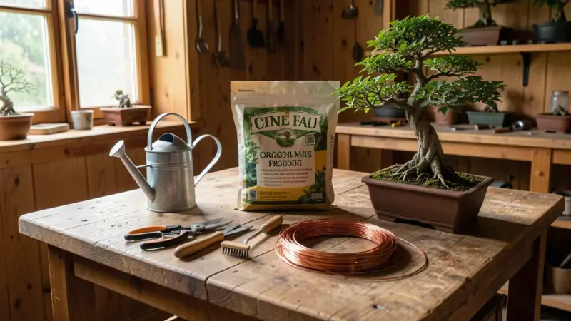 Herramientas de cuidado de bonsai sobre mesa de trabajo: tijeras, regadera, rastrillo, abono organico, alambre de cobre y bon