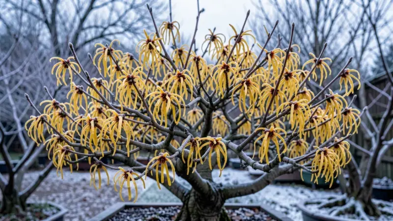 Hamamelis bonsai en plena floracion invernal con flores en cinta amarillo-doradas sobre ramas desnudas con escarcha - hamamel