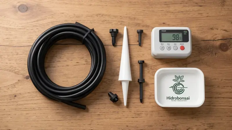 Herramientas de riego automatico para bonsai sobre madera: programador digital, tuberia polietileno negra, goteros, spike cer