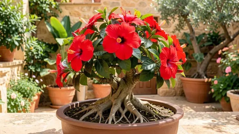 Hibiscus rosa-sinensis bonsai rosa de China flores rojas grandes tropicales tronco retorcido maceta ceramica - hibiscus bonsa